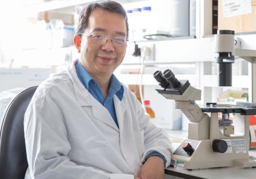 Asian man sat in a lab, next to a microscope, wearing a white research coat