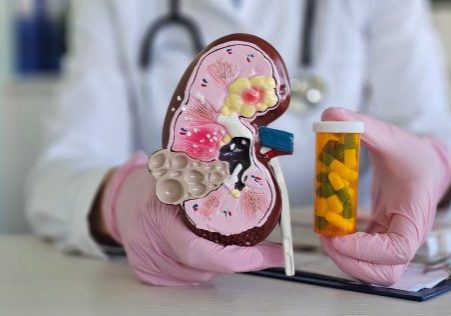 Anatomical model of human kidney and with pills in the clinic. Treatment of kidney disease and pills for kidneys and drugs for treatment