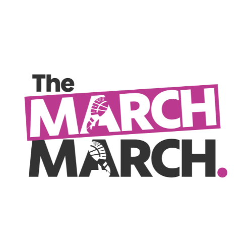 pink and grey logo reading The March March, with footprints overlaid on the wording