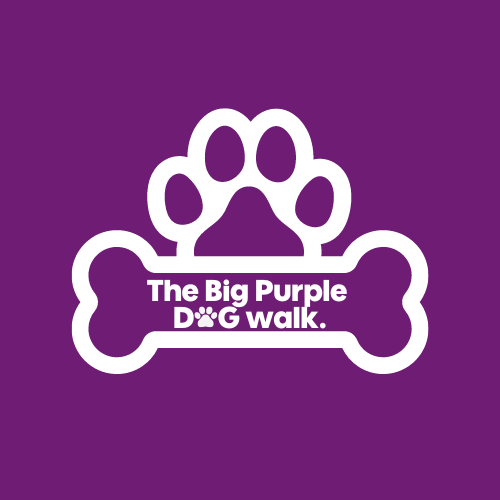 purple background with white logo int he shape of a dog bone