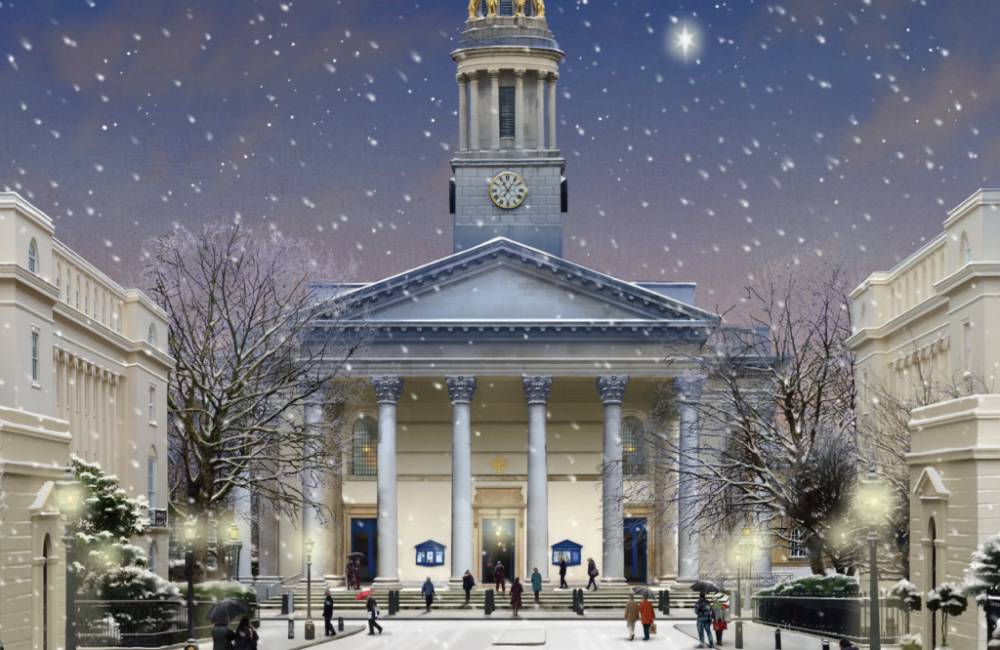 Snowy winter scene of a church and people walking in the square in front of it