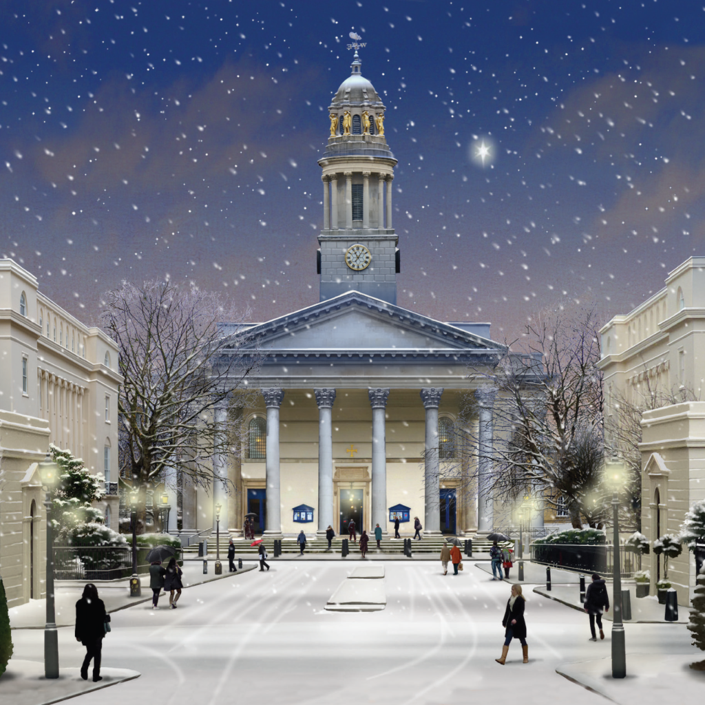 Snowy winter scene of a church and people walking in the square in front of it