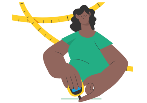 Illustration of a black lady wearing a green tshirt doing a finger prick test